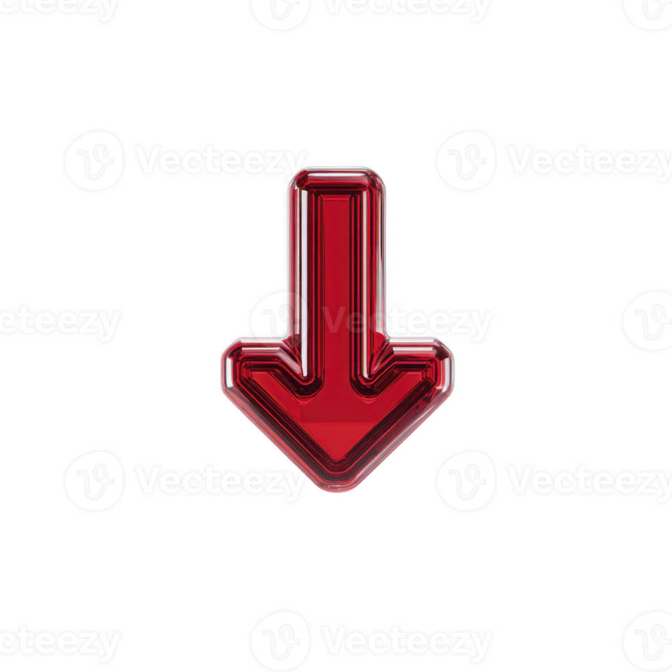 Shiny red 3D arrow pointing downward, isolated on transparency background, symbolizing direction or navigation. glossy finish adds modern and sleek appearance png