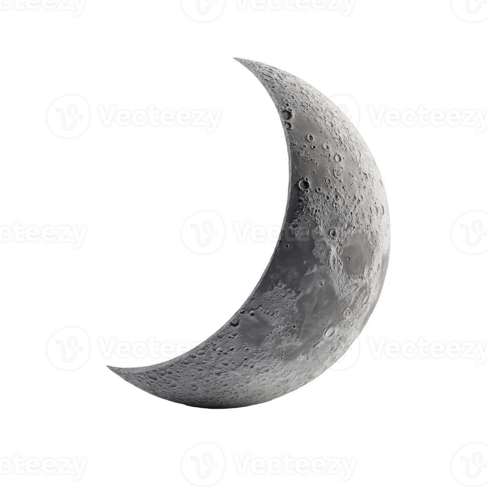 Detailed crescent moon with visible craters and surface texture against transparency background, evoking sense of mystery and wonder png
