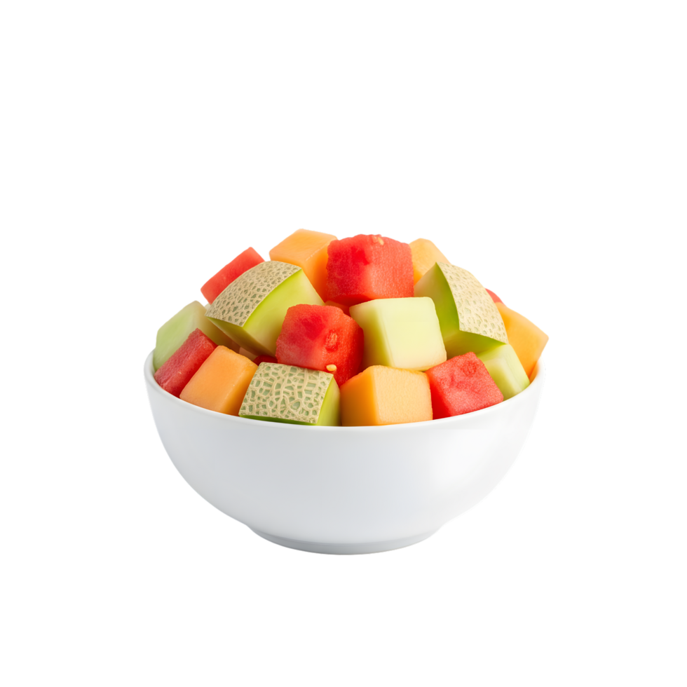 A white bowl overflowing with a refreshing mix of cubed cantaloupe honeydew melon and watermelon isolated on transparent background png