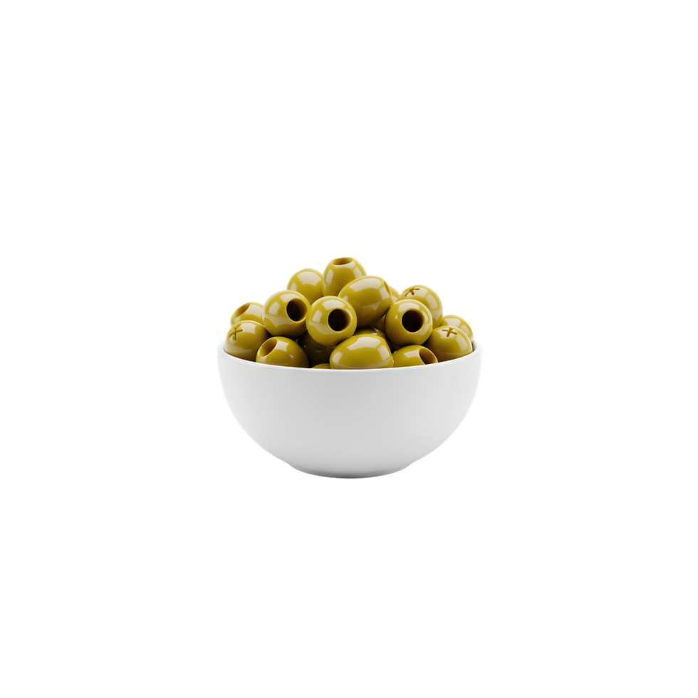 A white bowl filled with ripe green olives showcasing their smooth texture and vibrant color isolated on transparent background png