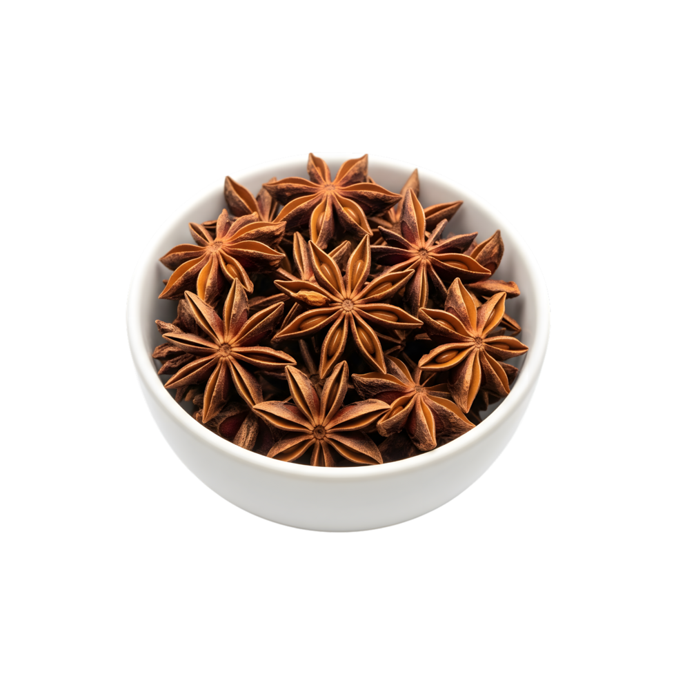 A white ceramic bowl filled with numerous star anise pods showcasing their distinctive eight pointed star shape and rich brown color isolated on transparent background png