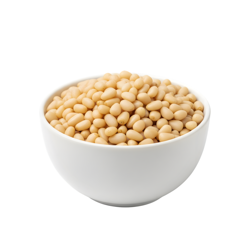 A white ceramic bowl filled with a generous portion of raw shelled pine nuts isolated on transparent background png