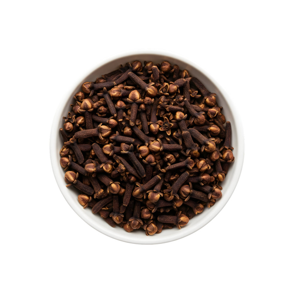 A close up overhead view of dried whole cloves in a white bowl isolated on transparent background png