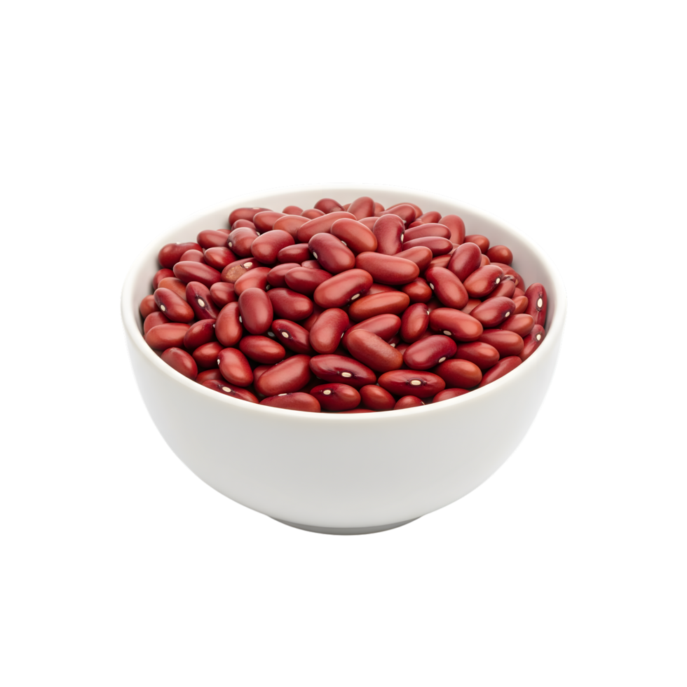 A white bowl filled with vibrant red kidney beans showcasing their smooth texture and characteristic shape isolated on transparent background png