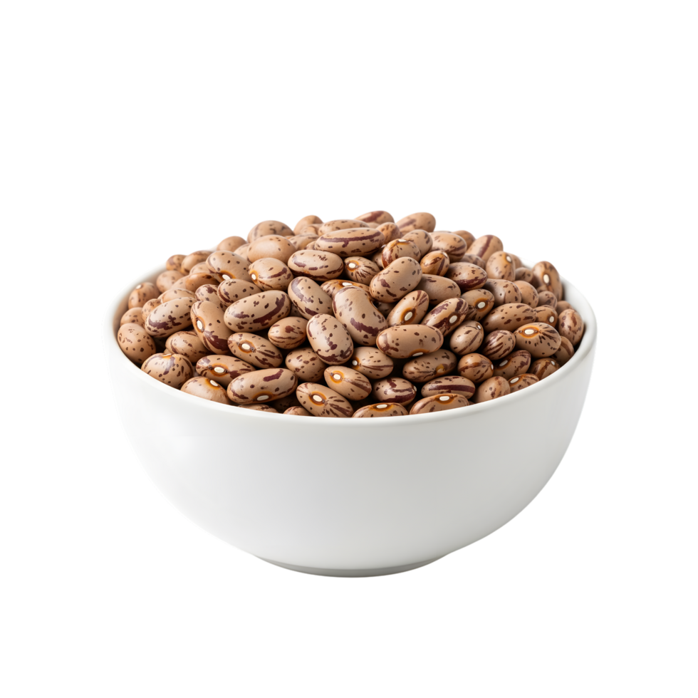 A white bowl filled with pinto beans showcasing their distinctive brown and white speckled pattern isolated on transparent background png