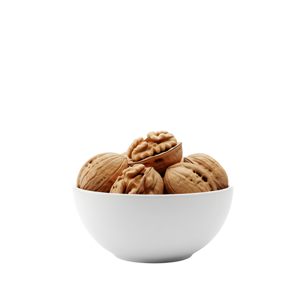 A white ceramic bowl filled with whole and cracked walnuts showcasing their textured shells and rich kernels isolated on transparent background png