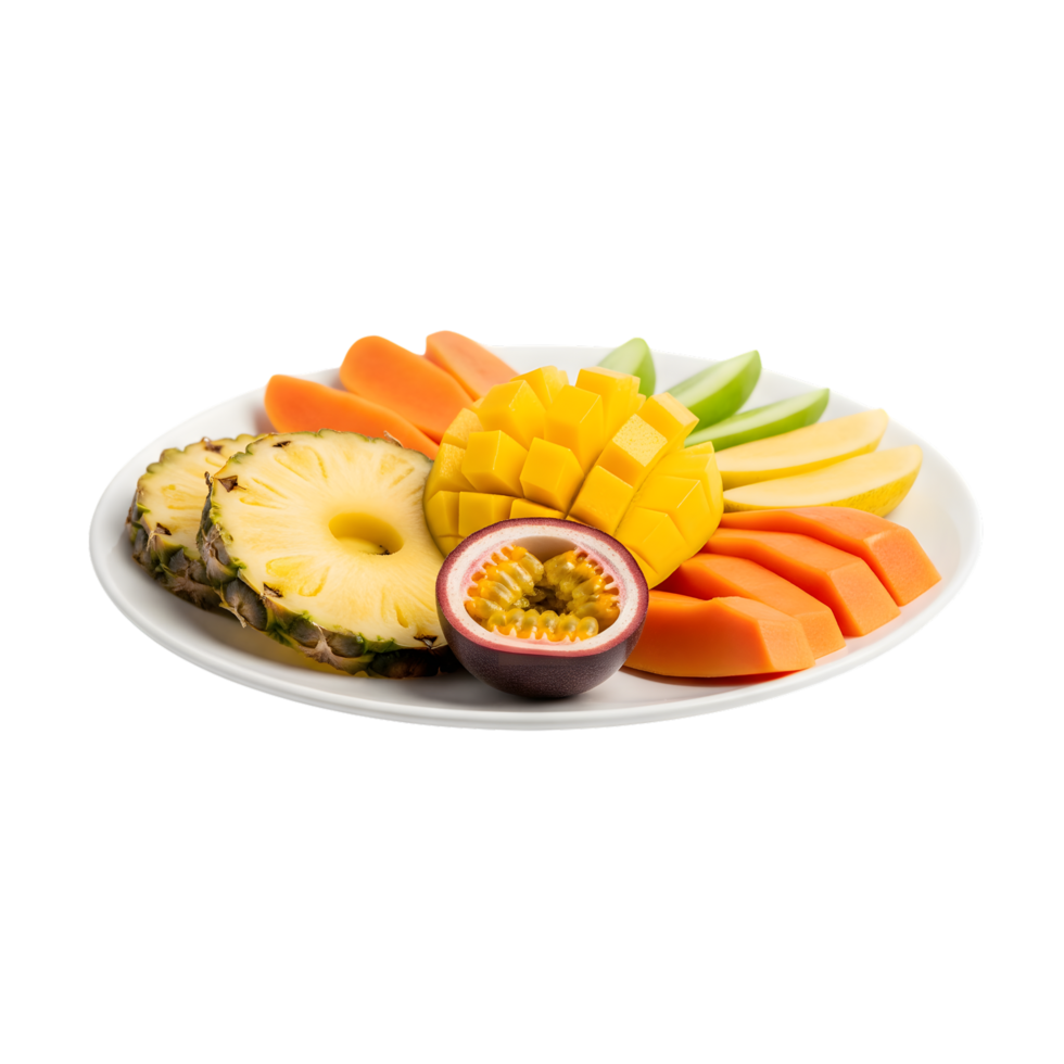 A vibrant platter of assorted tropical fruits including sliced pineapple diced mango papaya wedges passion fruit and green apple slices isolated on transparent background png