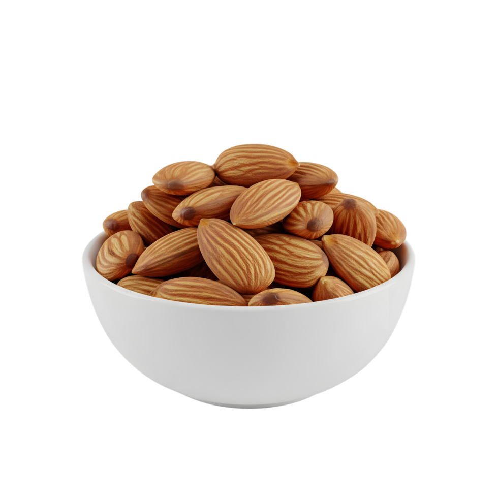 A white bowl filled with a generous portion of whole raw almonds showcasing their natural brown skin and striped texture isolated on transparent background png