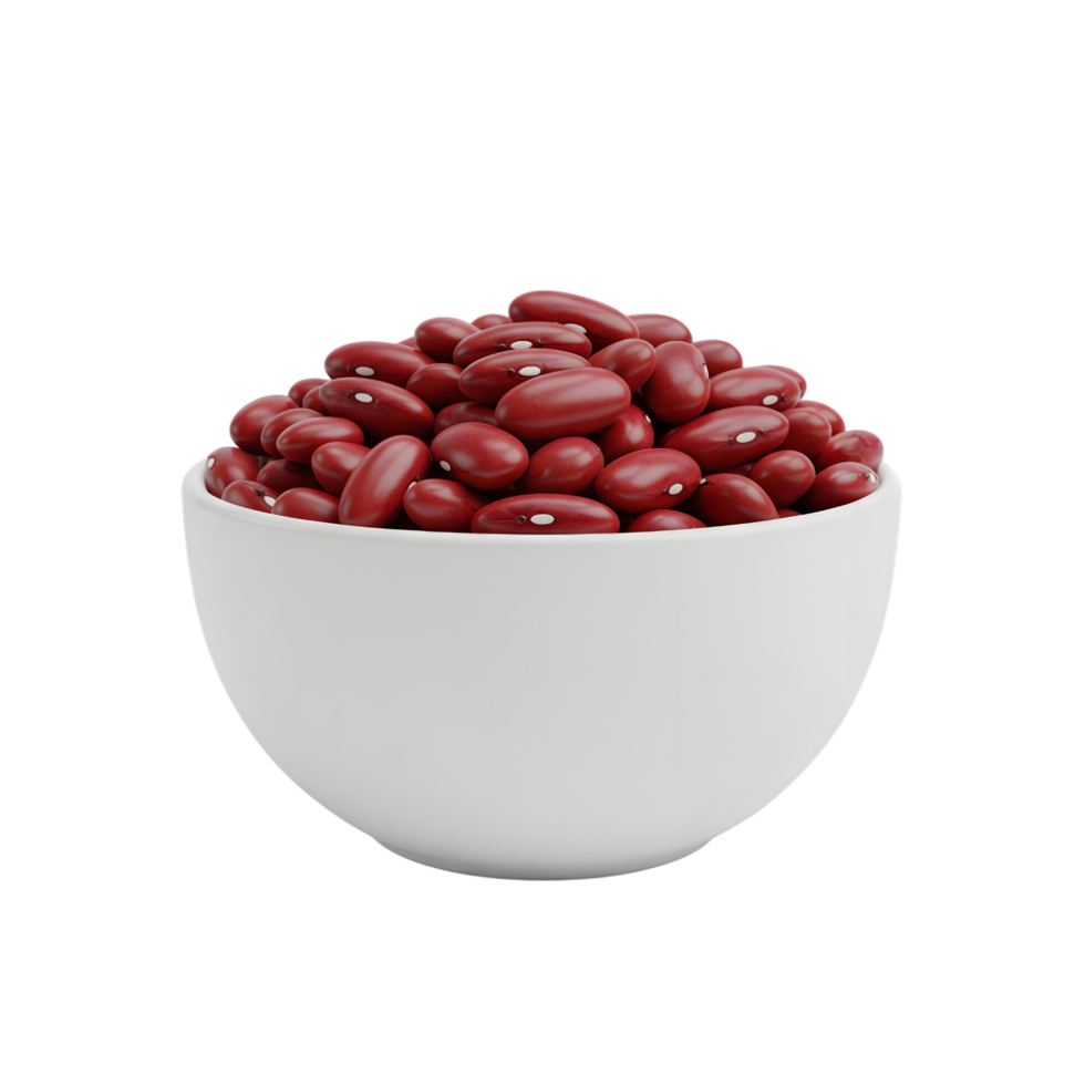 A white bowl filled with plump red kidney beans showcasing their characteristic white hilum isolated on transparent background png