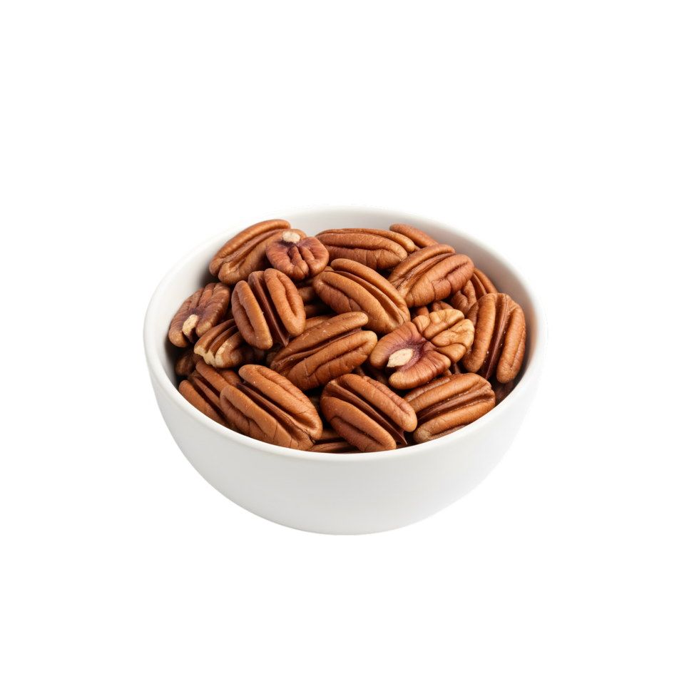 A white bowl filled with delicious healthy and nutritious whole pecan nuts isolated on transparent background png