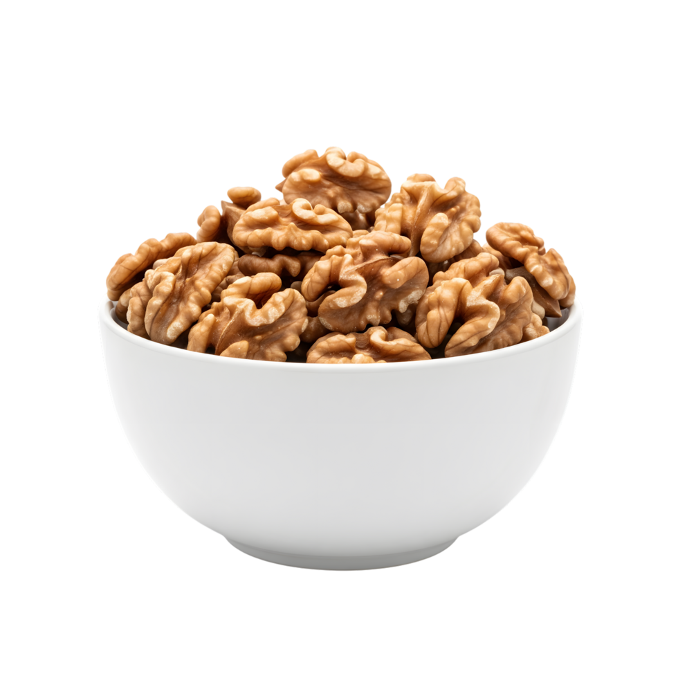 A white ceramic bowl filled with a generous portion of fresh shelled walnut halves isolated on transparent background png