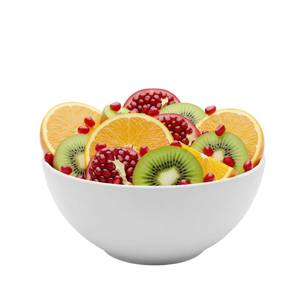 A vibrant bowl overflowing with refreshing slices of orange kiwi and juicy pomegranate seeds isolated on transparent background png