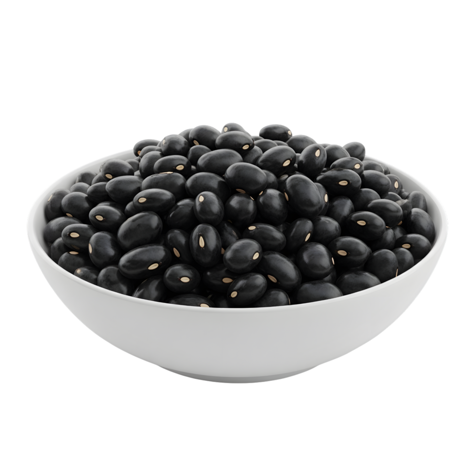 A white ceramic bowl filled with a generous portion of ripe black beans showcasing their smooth texture and oval shape isolated on transparent background png