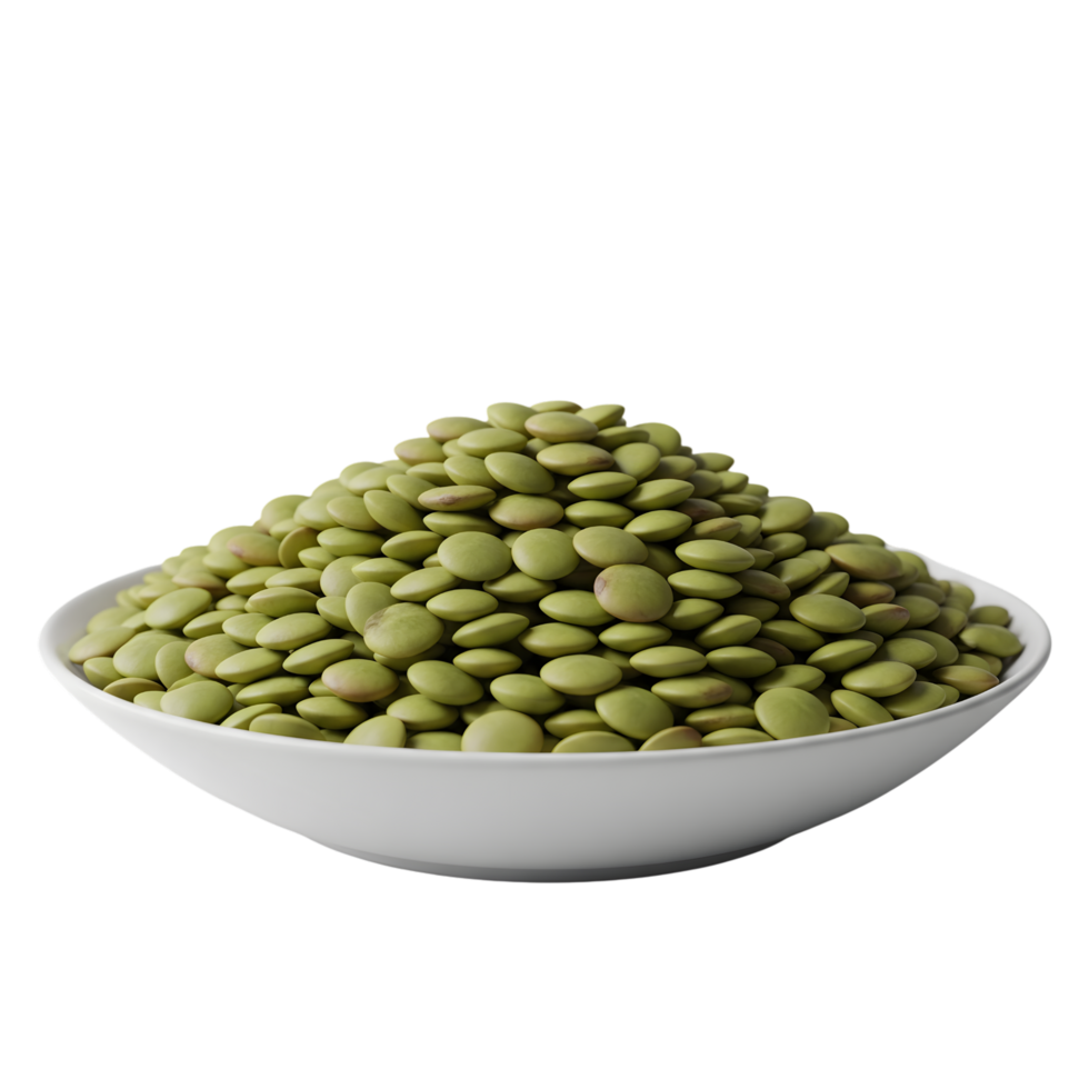 A white bowl filled to the brim with a mound of small oval shaped green lentils isolated on transparent background png