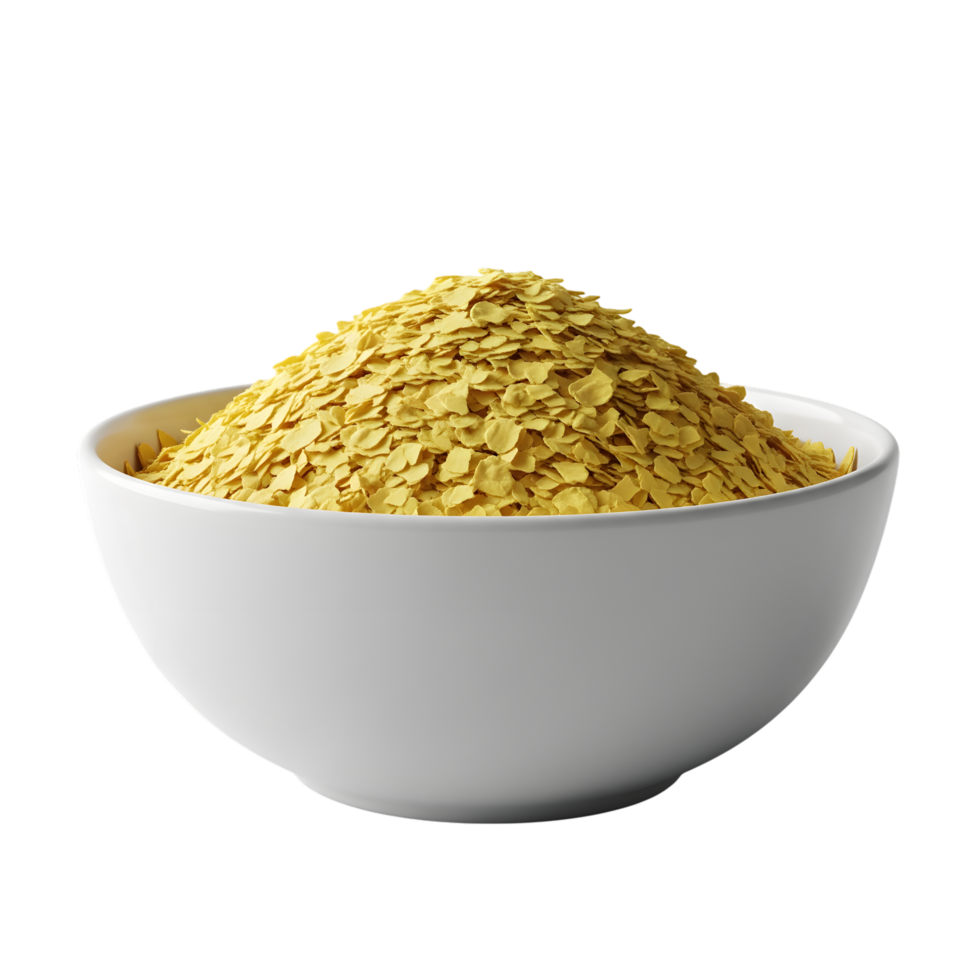 A white bowl filled with a generous mound of bright yellow nutritional yeast flakes isolated on transparent background png