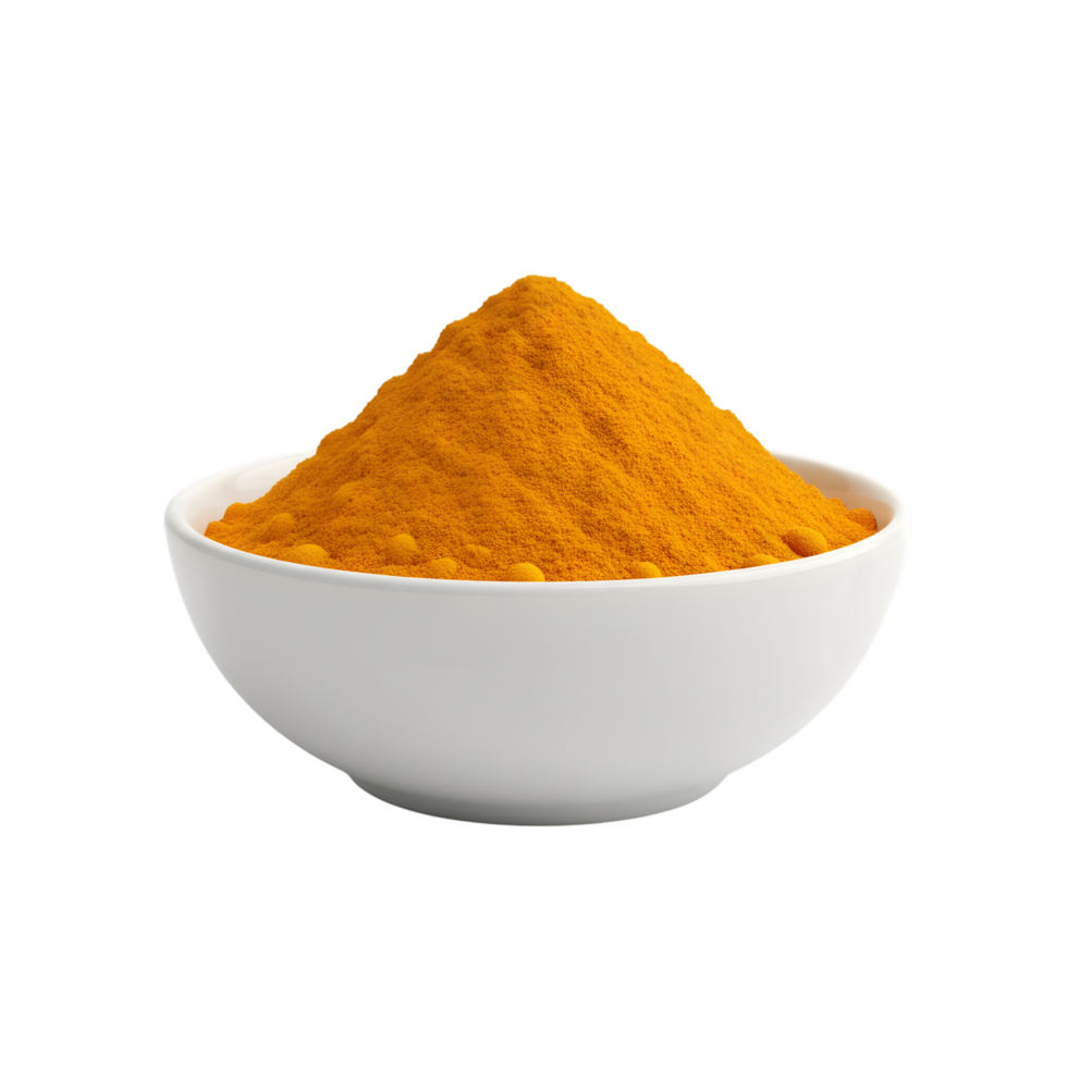 A white ceramic bowl filled with vibrant yellow turmeric powder piled high in a peak isolated on transparent background png