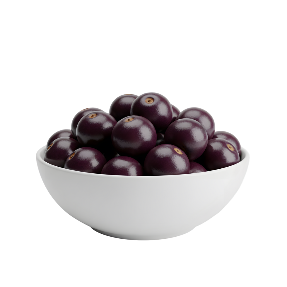 A white bowl filled with ripe acai berries showcasing their deep purple color and characteristic stem marks isolated on transparent background png