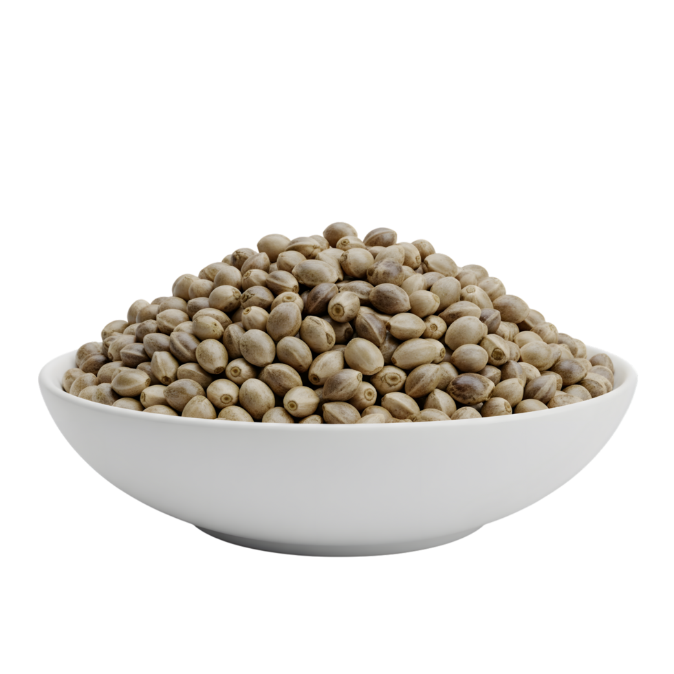 A white ceramic bowl filled with a generous pile of raw hemp seeds showcasing their natural texture and color isolated on transparent background png