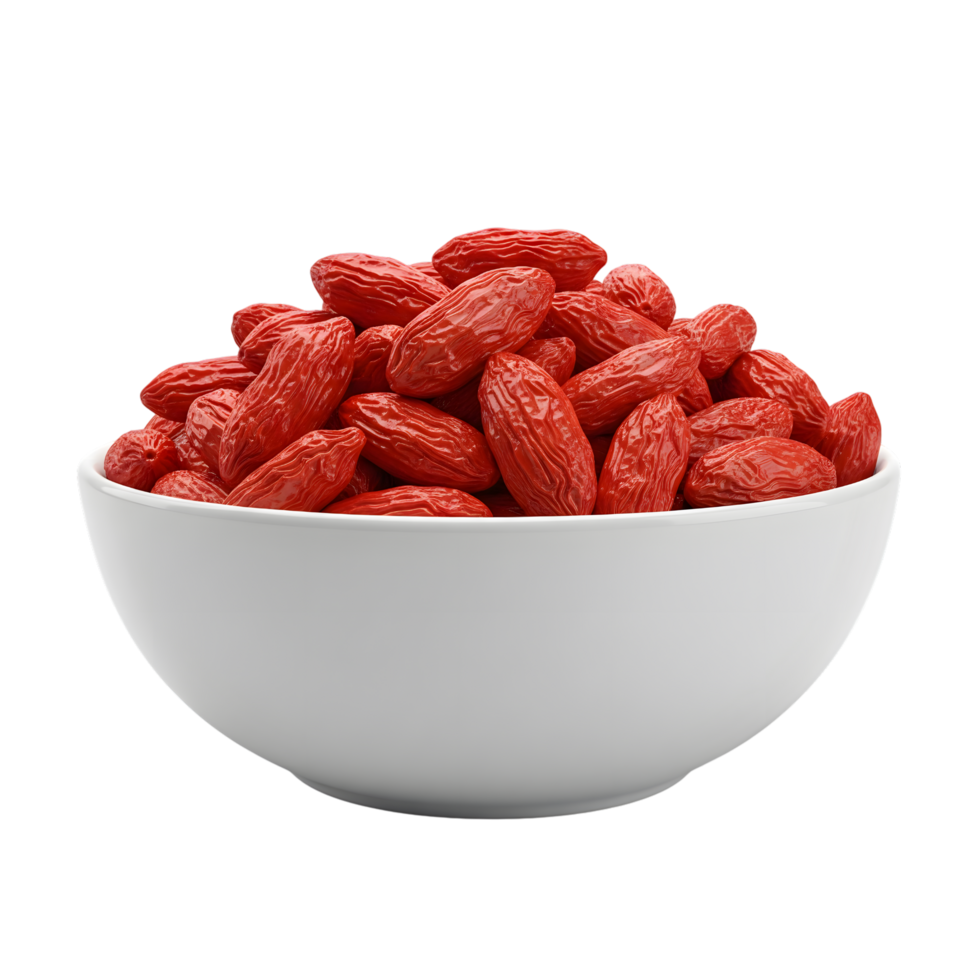 A white bowl overflowing with vibrant red dried goji berries showcasing their wrinkled texture and rich color isolated on transparent background png
