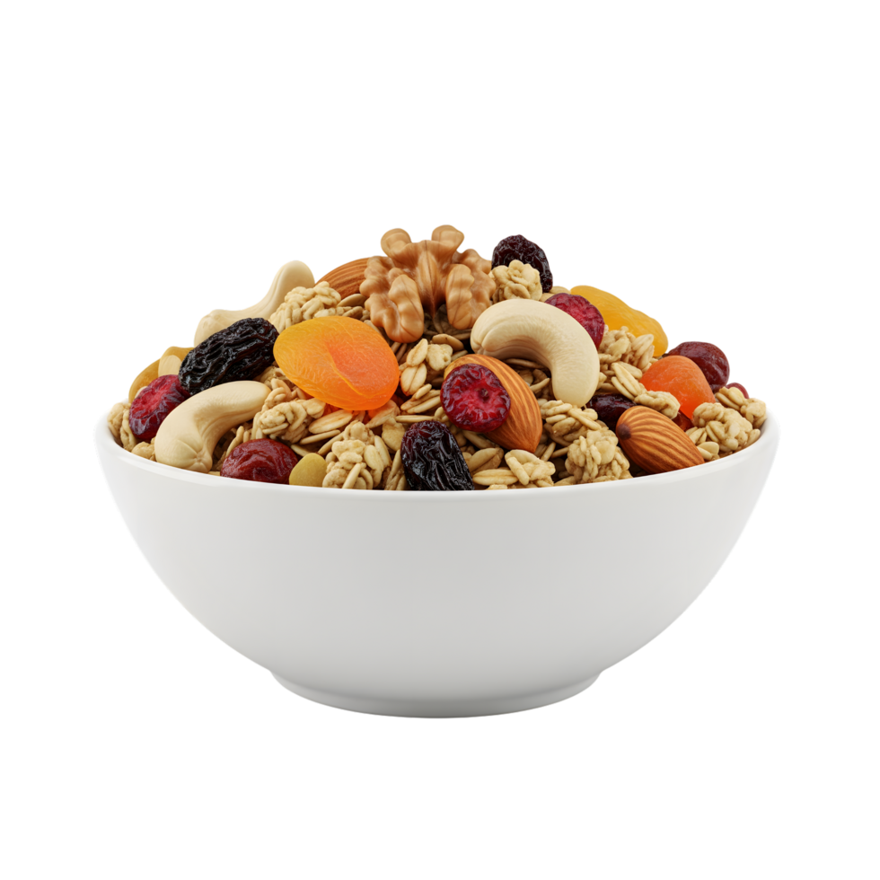 A white bowl overflowing with a healthy mix of granola nuts dried cranberries raisins cashews almonds walnuts and dried apricots isolated on transparent background png