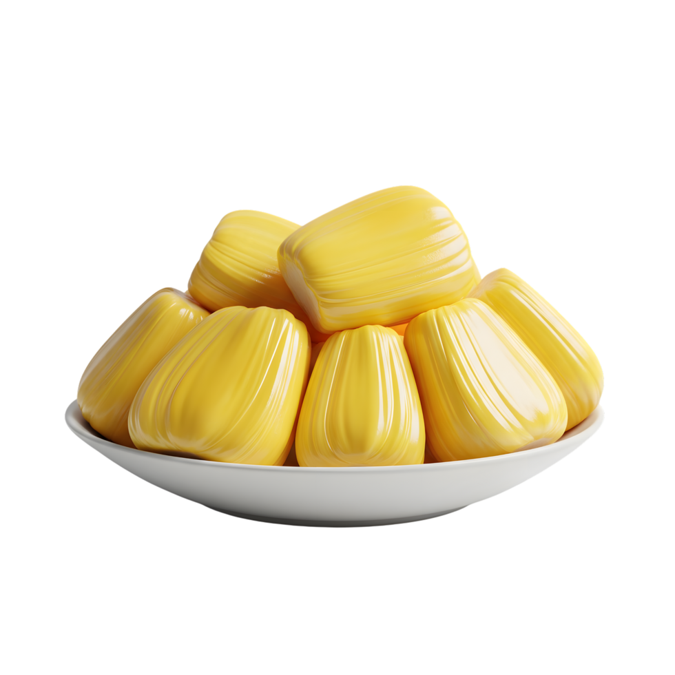 A pile of ripe yellow jackfruit segments arranged in a white bowl isolated on transparent background png