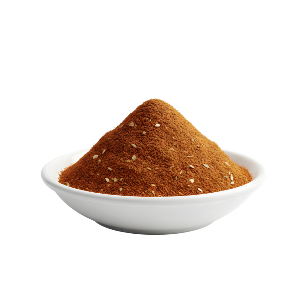 A white bowl filled with a mound of reddish brown spice mixture containing visible small white seeds isolated on transparent background png