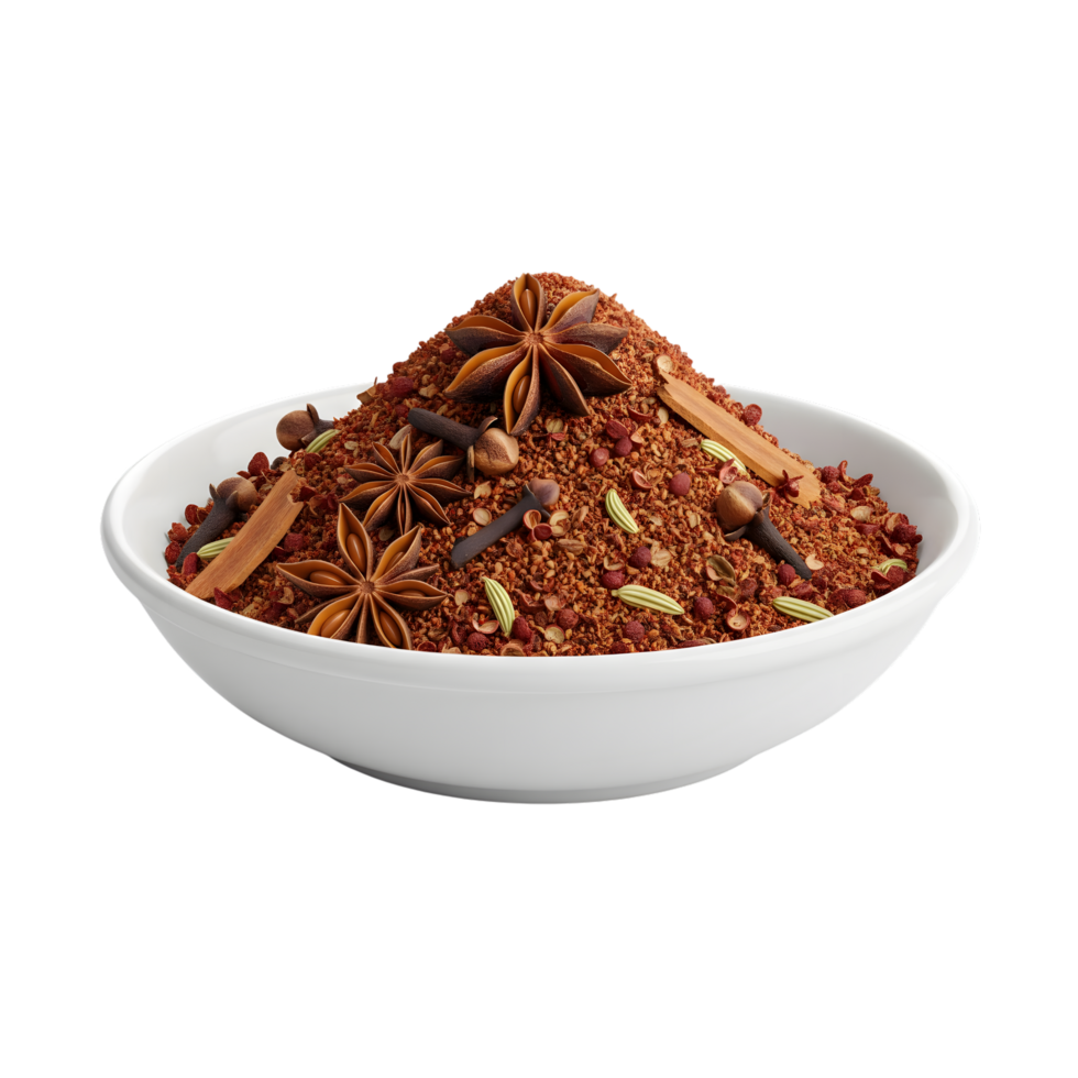 A white bowl brimming with a fragrant blend of whole spices including star anise cloves cinnamon sticks and fennel seeds isolated on transparent background png