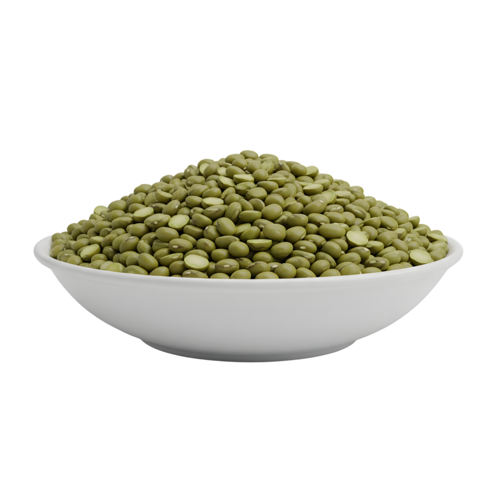 A white bowl overflowing with a generous pile of small green mung beans showcasing their natural texture and isolated on transparent background png