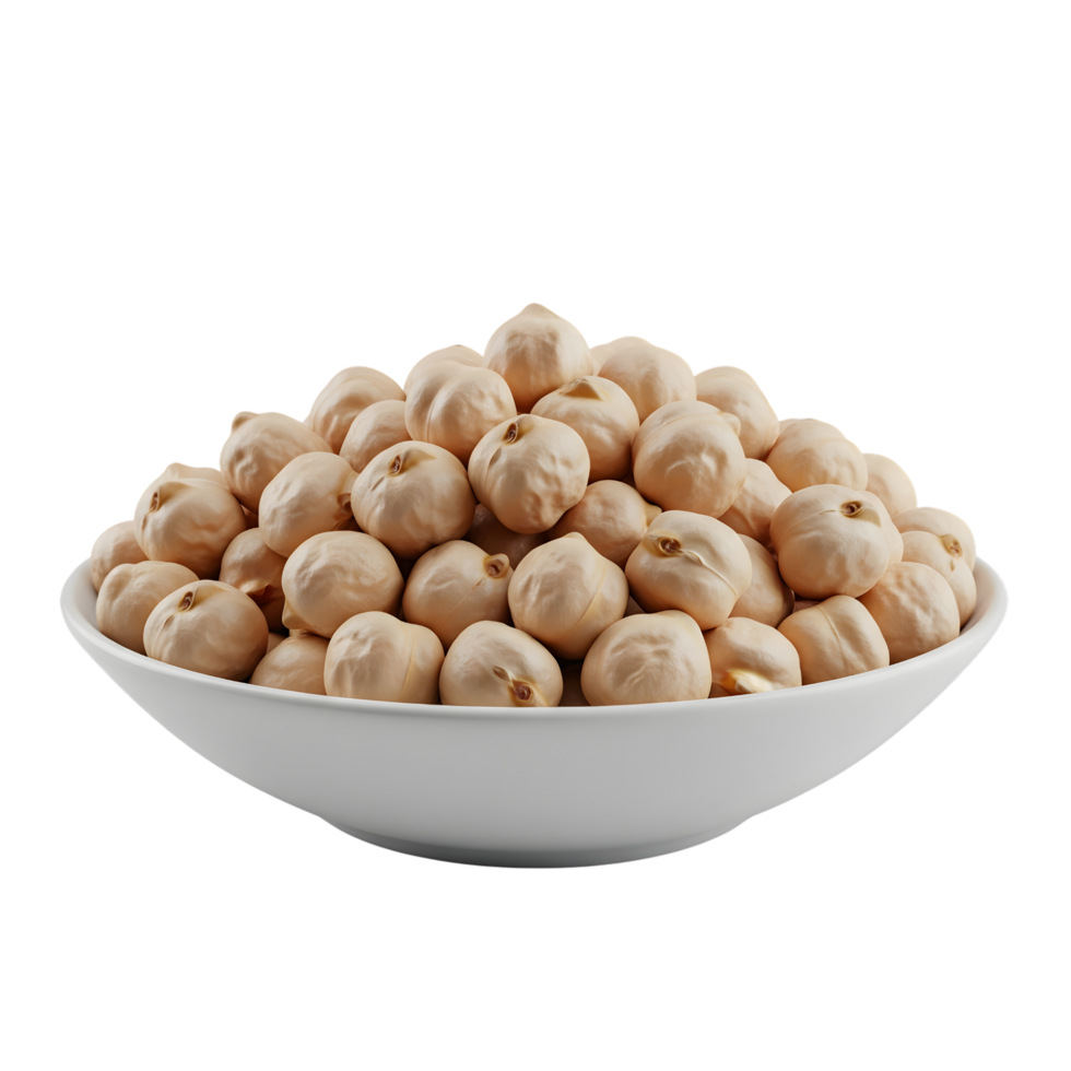 A white ceramic bowl filled with a generous pile of light beige chickpeas isolated on a transparent background isolated on transparent background png