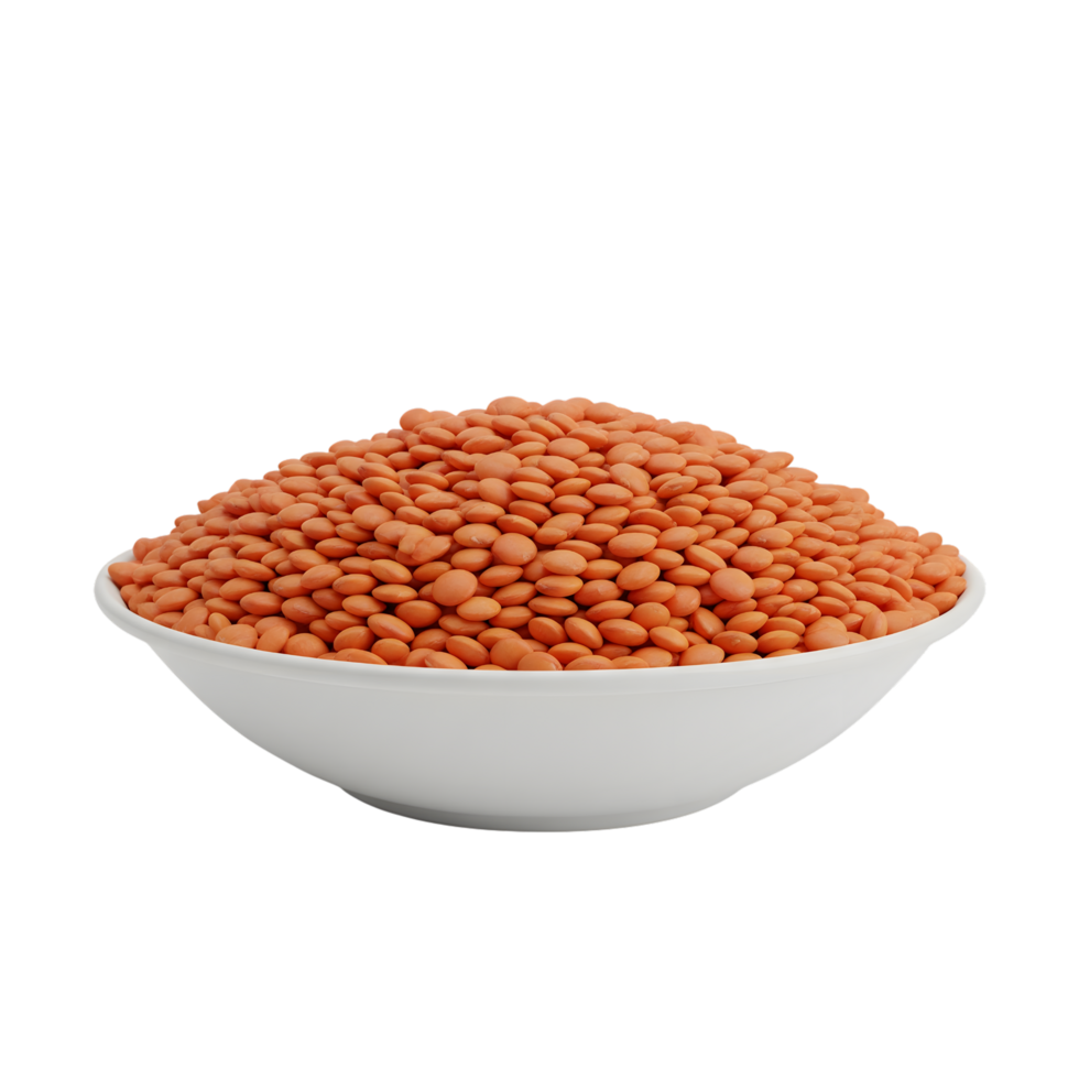 A white bowl brimming with a generous portion of dried red lentils showcasing their vibrant color and texture isolated on transparent background png