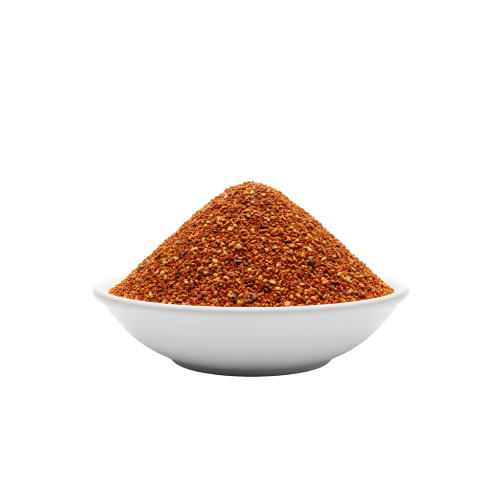 A white bowl filled with a generous pile of coarse ground red spice blend isolated on transparent background png