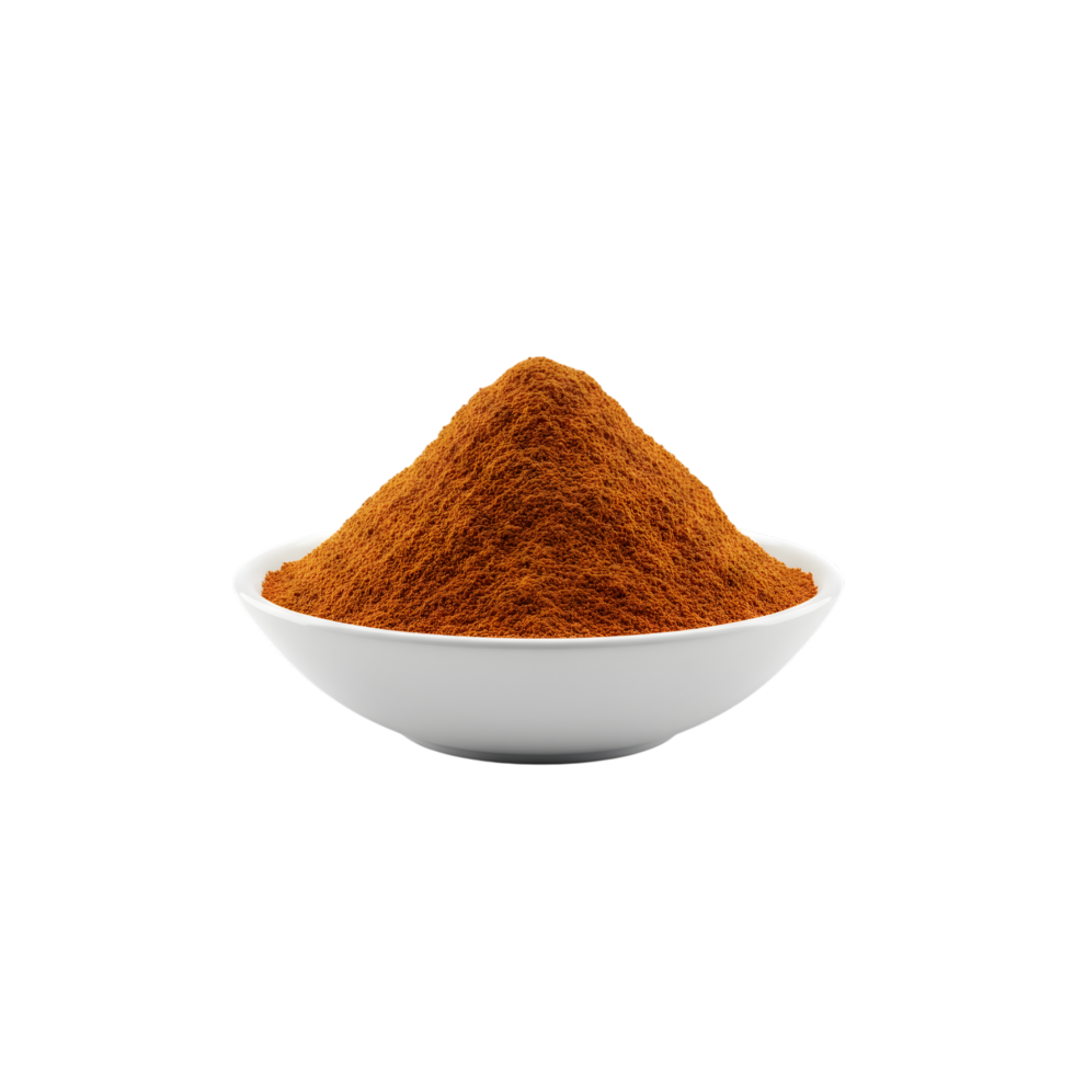 A perfectly formed mound of vibrant orange paprika spice powder presented in a clean white bowl isolated on transparent background png