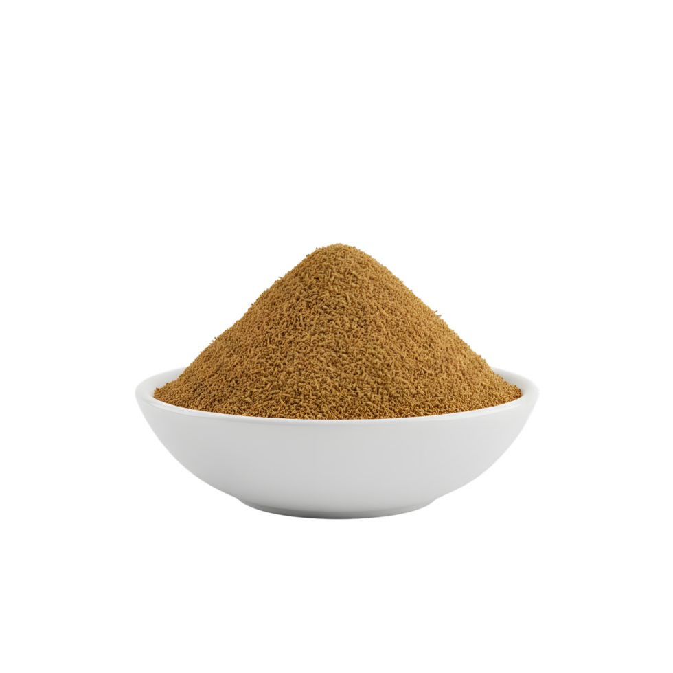 A white bowl filled with a generous mound of finely ground brown spice or powder isolated on transparent background png