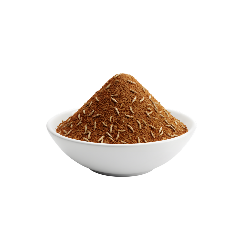 A white bowl filled with a mound of ground cumin seeds and whole cumin seeds isolated on transparent background png