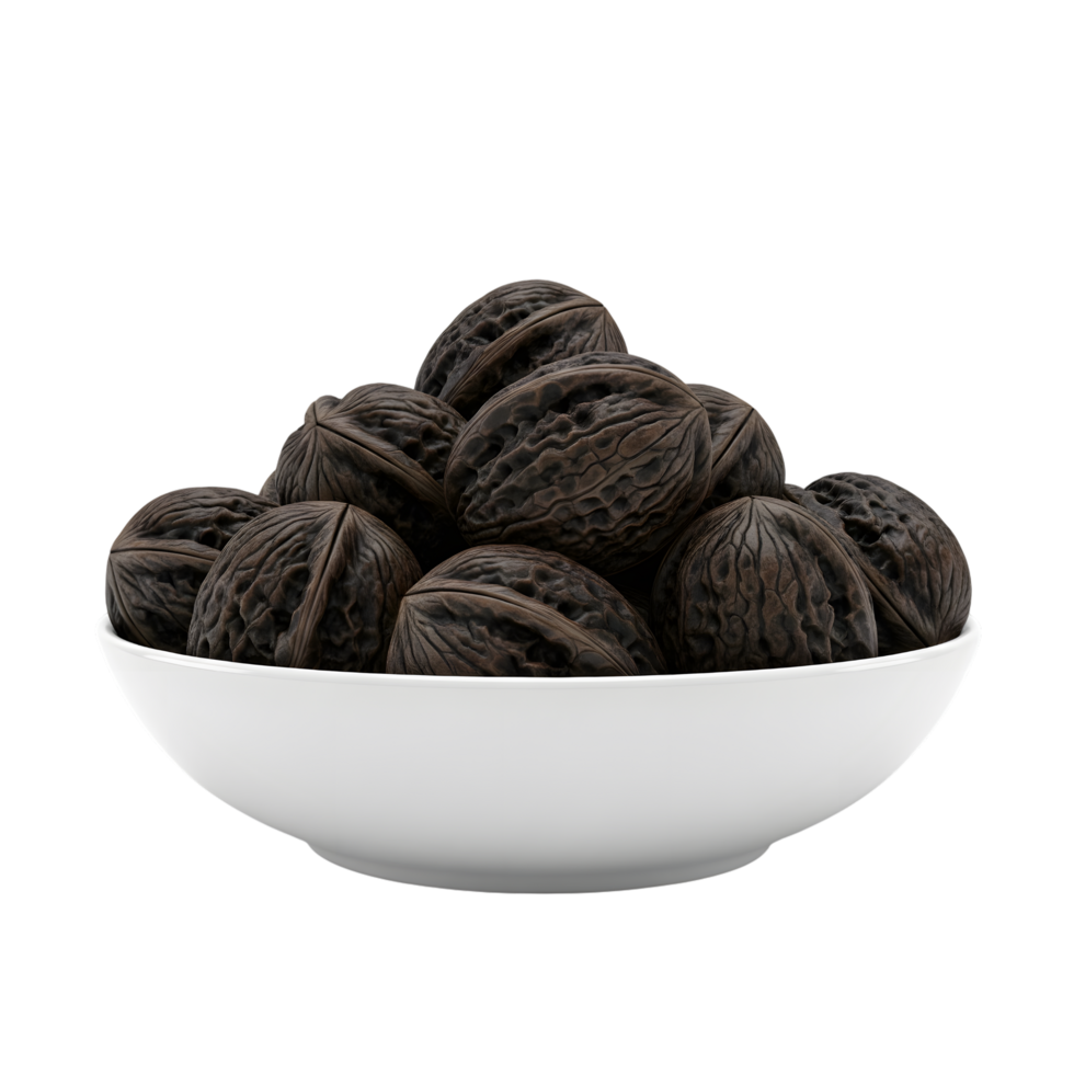 A white bowl filled with a pile of dark brown walnuts showcasing their textured shells isolated on transparent background png