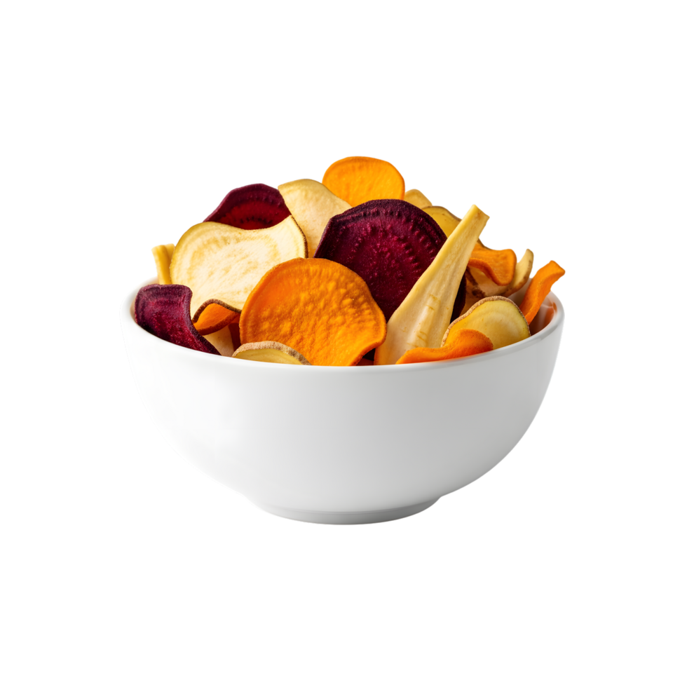 A white bowl filled with a colorful assortment of dehydrated root vegetable chips including beetroot sweet potato and parsnip isolated on transparent background png