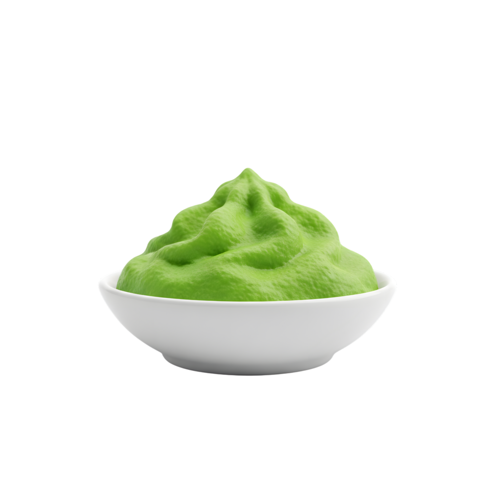 A vibrant green dollop of creamy wasabi paste artfully swirled in a clean white ceramic dish isolated on transparent background png