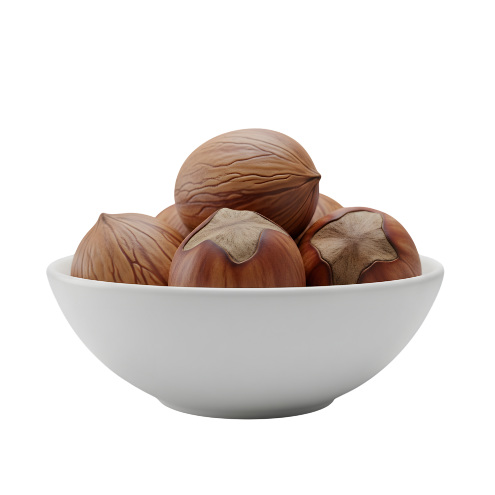 A white bowl filled with whole hazelnuts and walnuts showcasing their textured shells and natural beauty isolated on transparent background png