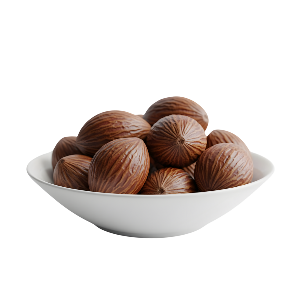 A white bowl filled with whole nutmeg seeds showcasing their textured brown shells and intricate ridges isolated on transparent background png