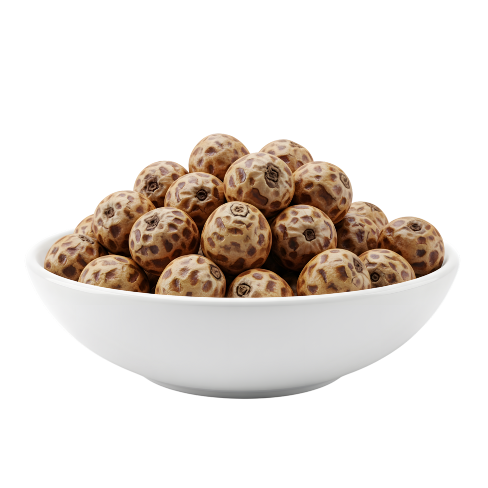 A white ceramic bowl filled with a generous pile of tiger nuts showcasing their textured brown skin and isolated on transparent background png
