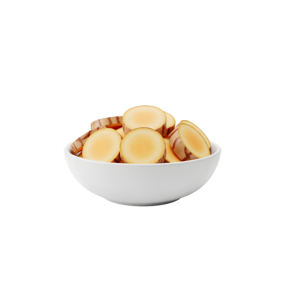 A white bowl filled with sliced galangal root showcasing its natural texture and color isolated on transparent background png