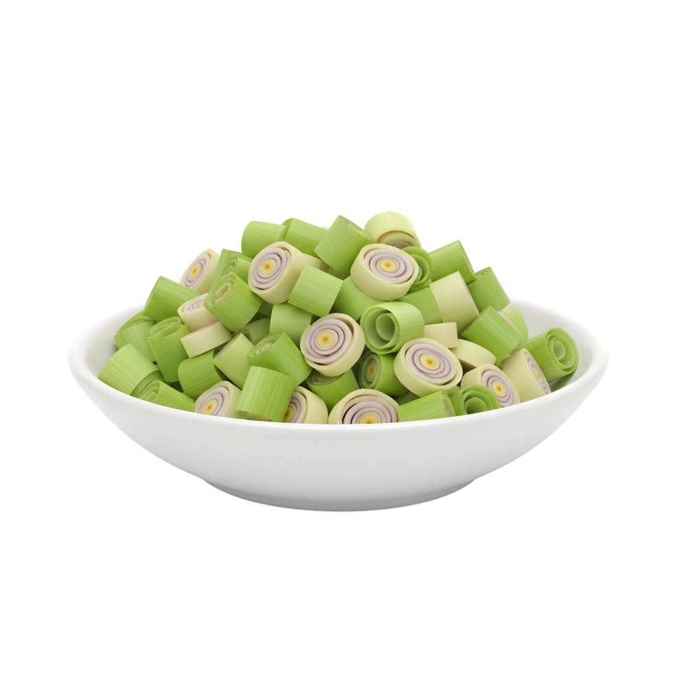 A white bowl filled with freshly chopped lemongrass stalks showcasing their vibrant green and pale yellow layers isolated on transparent background png