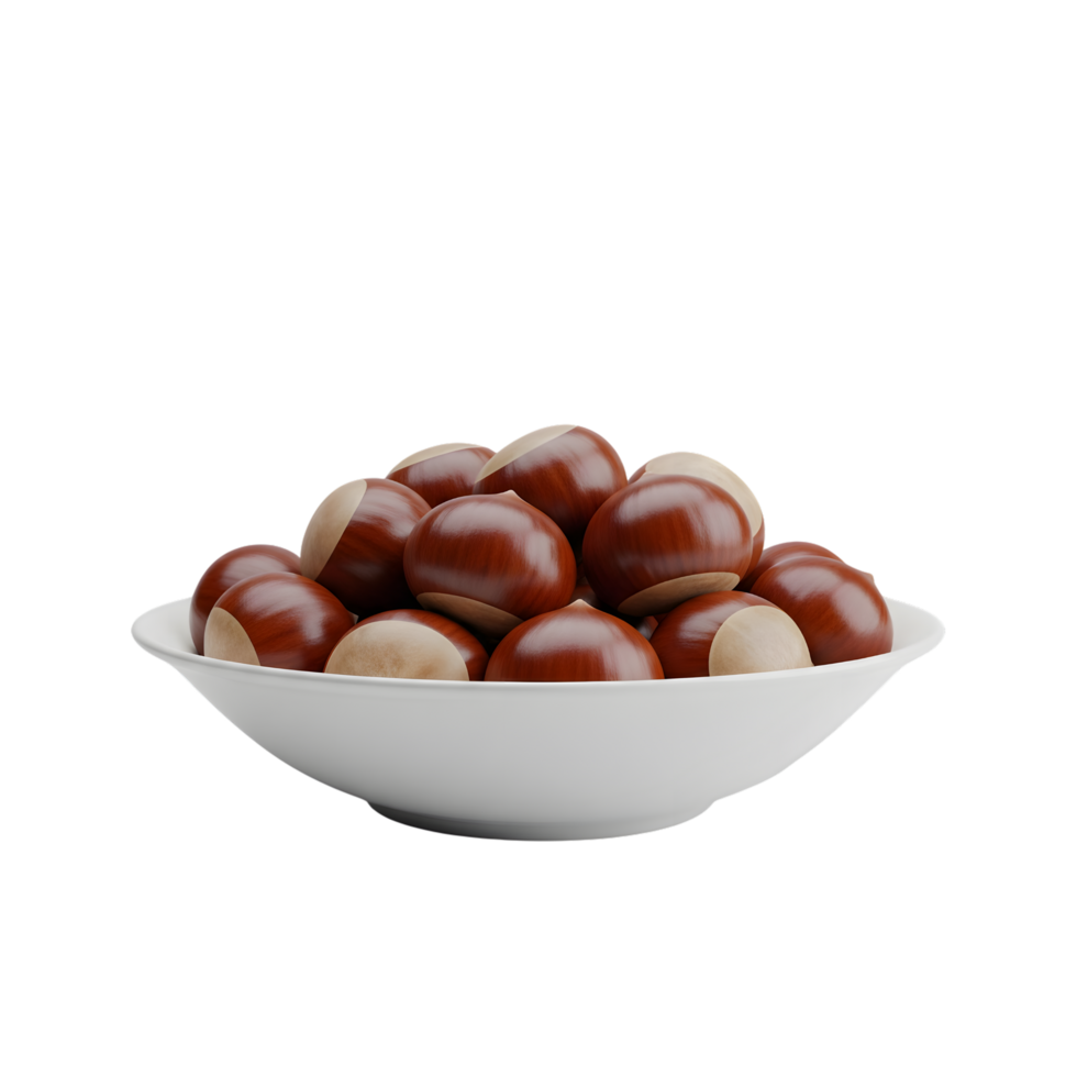 A white bowl filled with shiny brown horse chestnuts showcasing their smooth texture and light tan base isolated on transparent background png