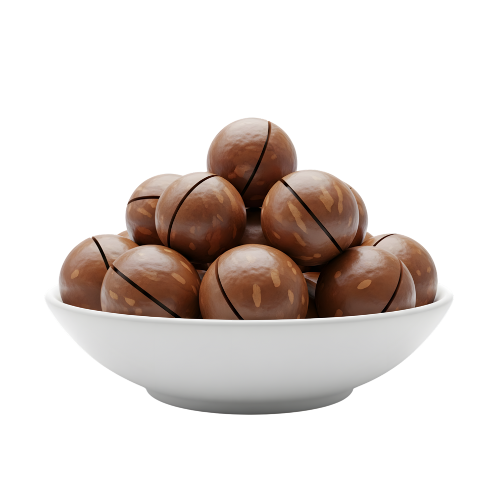 A pile of whole macadamia nuts with their characteristic dark lines filling a white ceramic bowl isolated on transparent background png