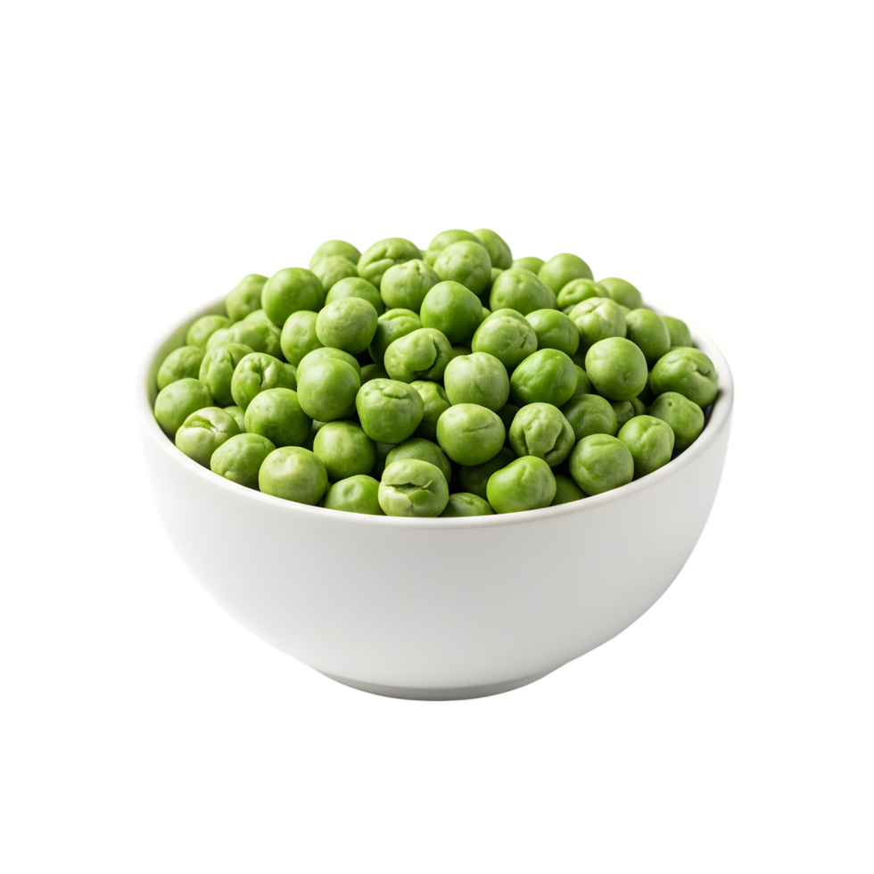 A white ceramic bowl filled with fresh green peas showcasing their vibrant color and texture isolated on transparent background png