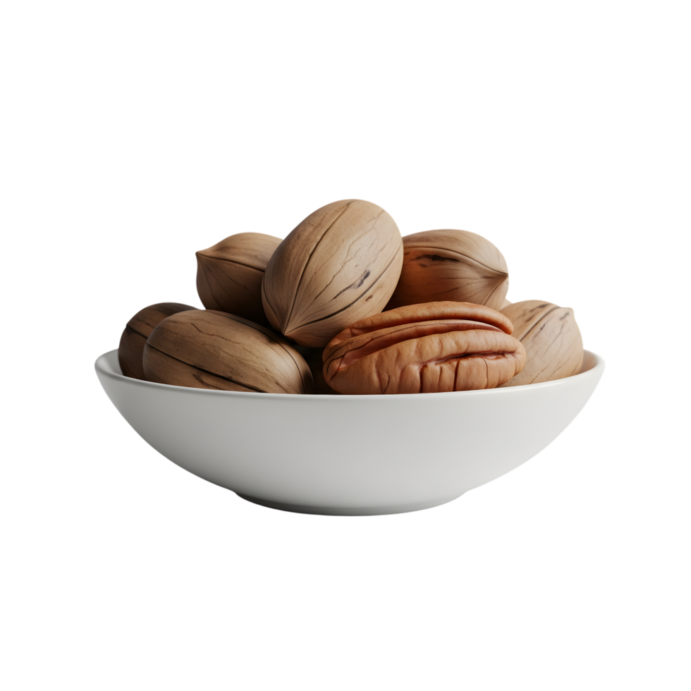 A white bowl filled with whole and shelled pecans showcasing their textured shells and rich brown kernels isolated on transparent background png