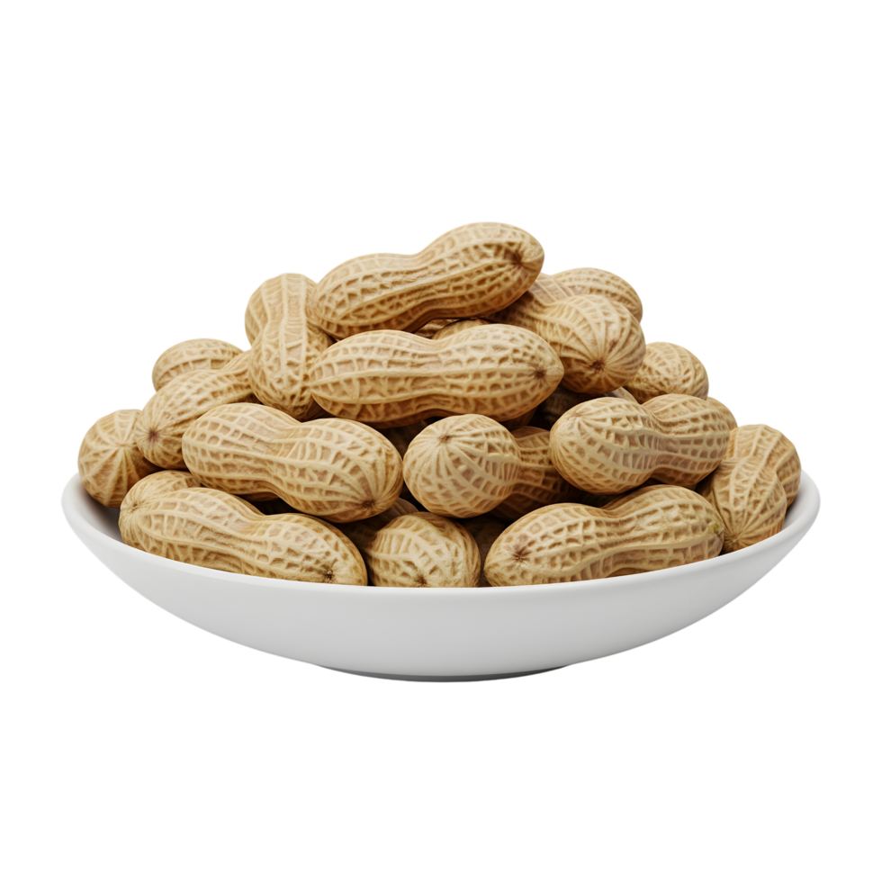 A generous pile of unshelled peanuts artfully arranged in a white ceramic bowl presented isolated on transparent background png