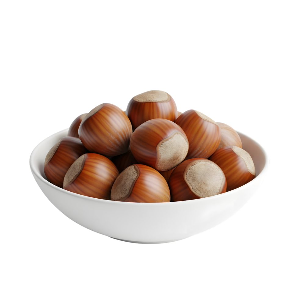 A generous white bowl overflowing with perfectly ripe brown shelled hazelnuts showcasing their natural texture and color isolated on transparent background png