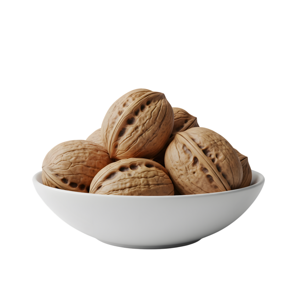 A pile of whole textured walnuts nestled in a simple white bowl presented isolated on transparent background png