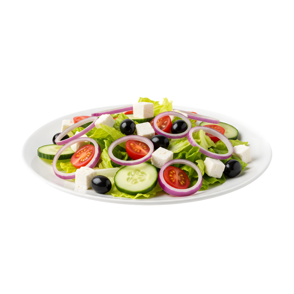Fresh greek salad with feta cheese olives tomatoes cucumbers and red onion rings isolated on transparent background png